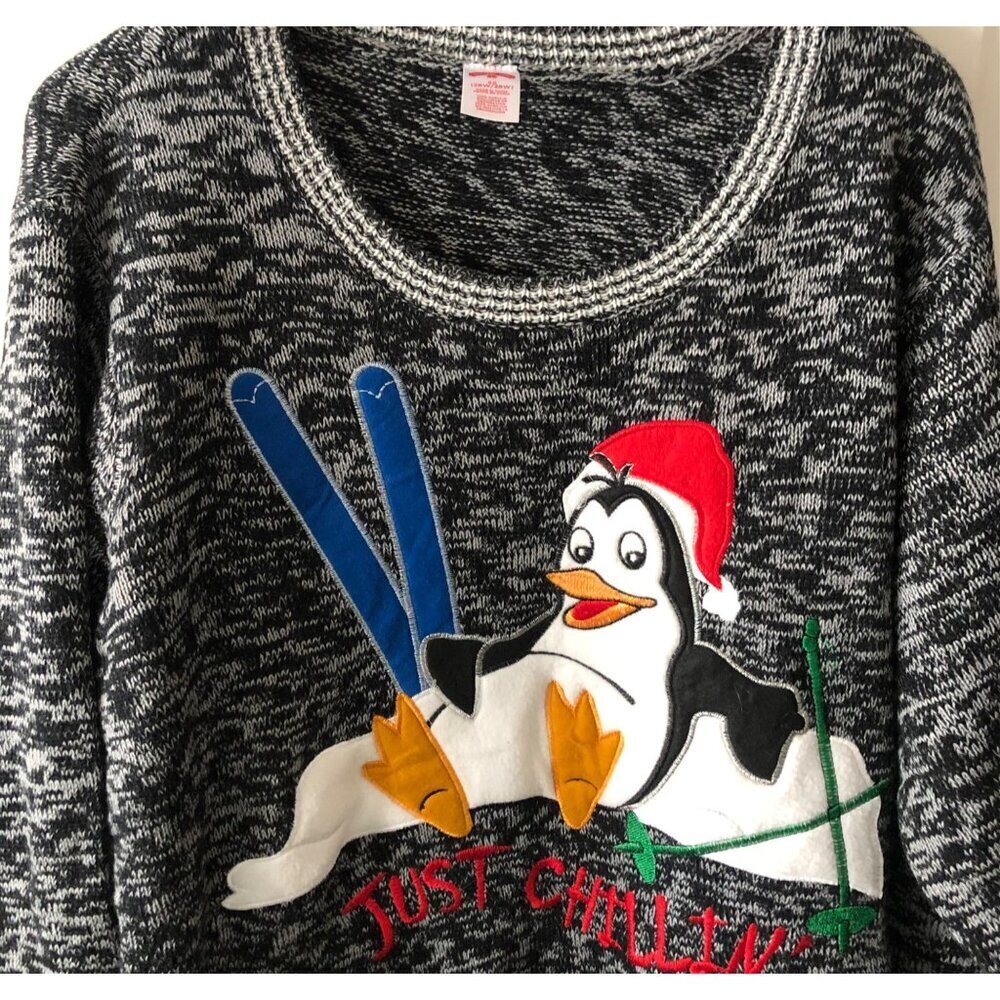 Women's 4XL Winter Just Chillin Penguin Skiing Sweater Blk & Gray